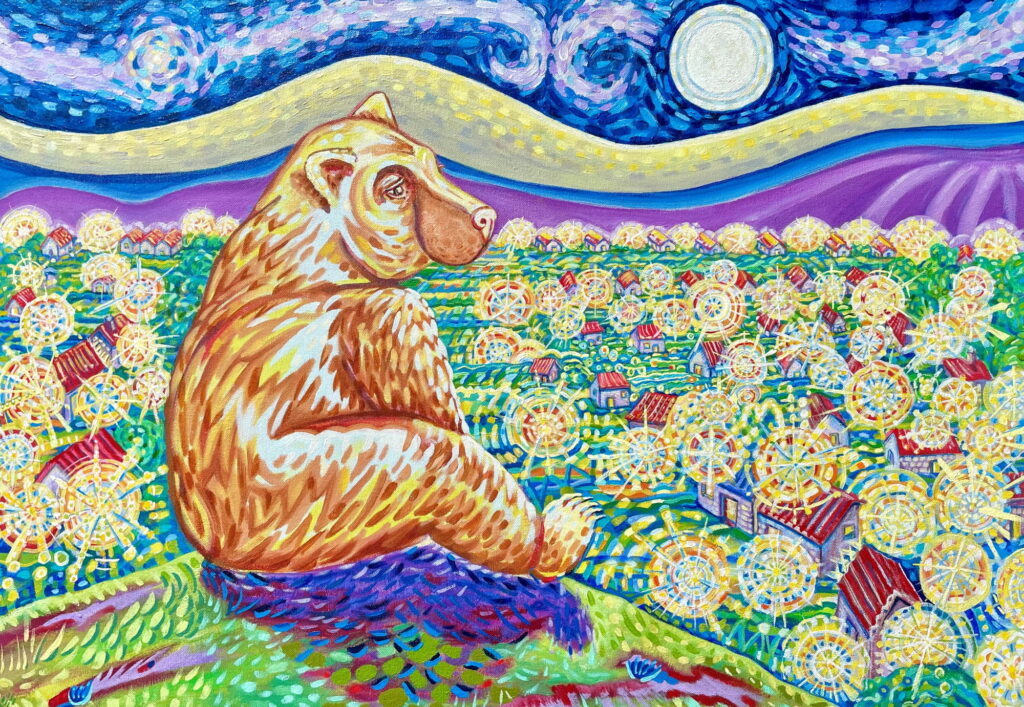 CLOSE UP DETAILS: VanGogh Bear looks down across a valley lit up with street lights as Bear ponders the significance of life. Scared Bear Art & Inquiry Book by Tanya Tee Art_TLC