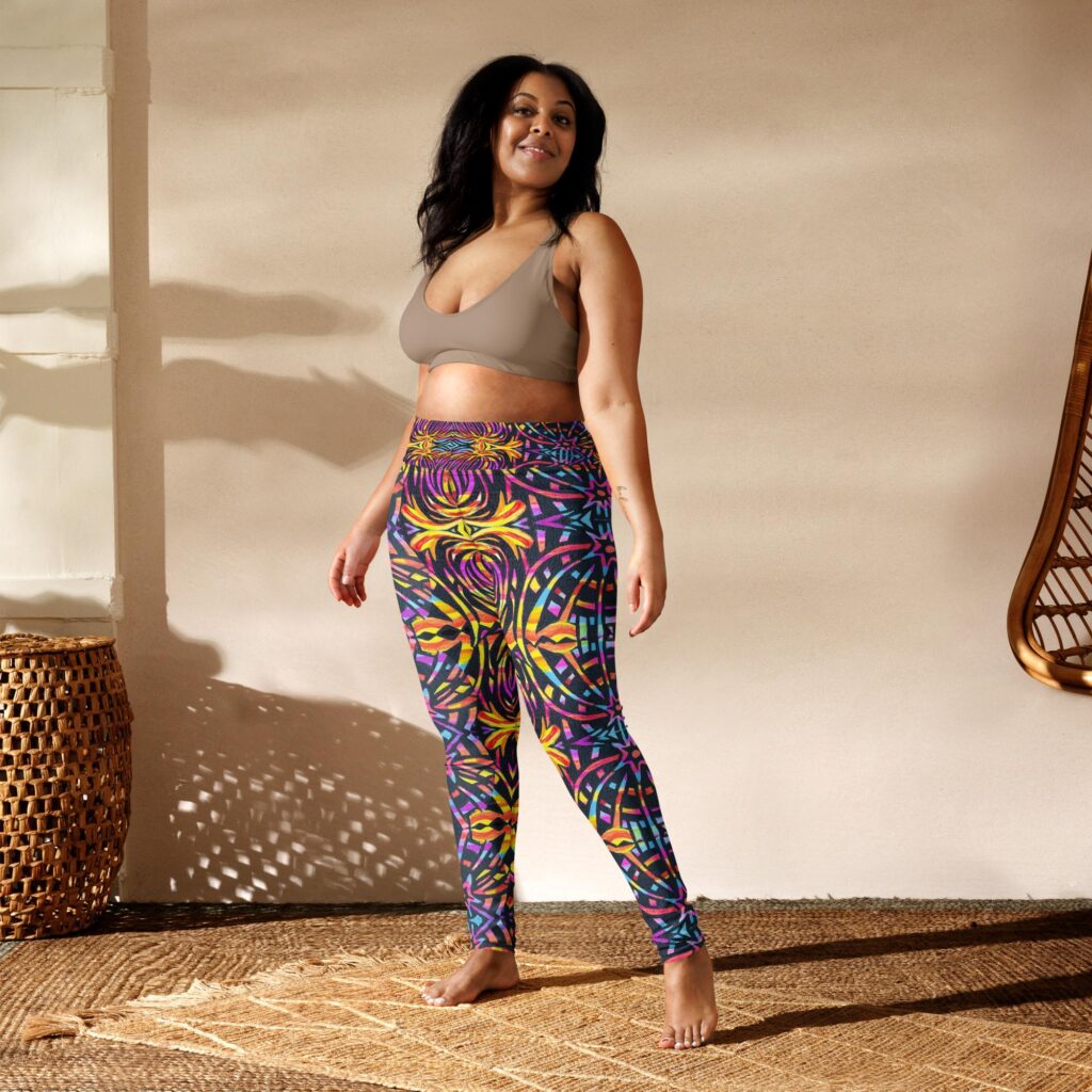 Colorful wearable art yoga leggings designed for comfort, movement, and everyday style.