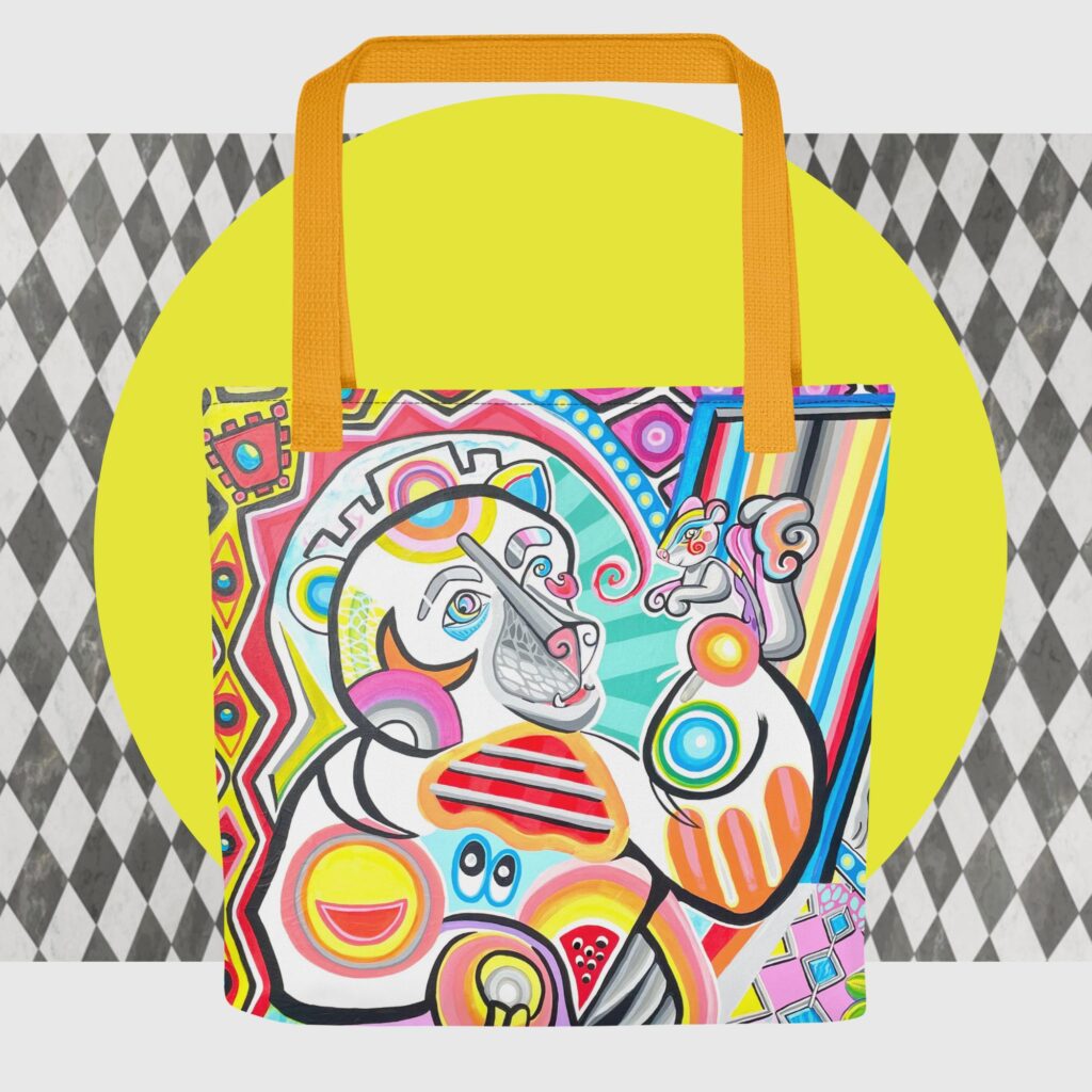 Bear With Squirrel Tote, artwok for handbags, inspired by Picasso's Girl With Mirror, by Tanya Tee Art_TLC