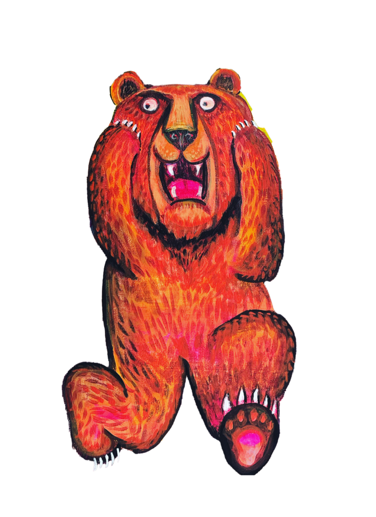 Image of Scared Bear holding his face mirror image of the famous Scream painting, inspired by E.Munch, Bear Scream from Tanya Tee Art_TLC