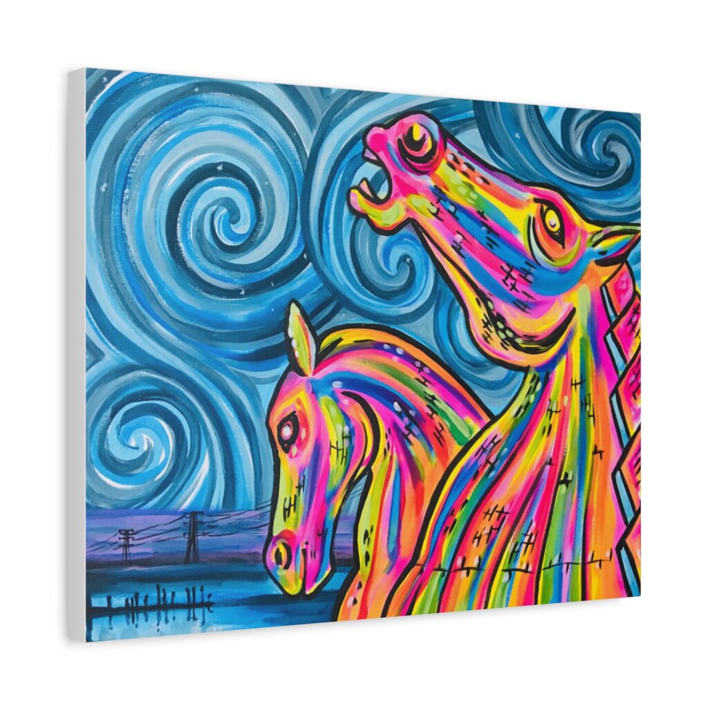 Two colourful horse like heads stand tall in the evening sky. The Kelpies are a famous landmark in Scotland.