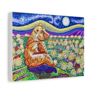 VanGogh Bear looks down across a valley lit up with street lights as Bear ponders the significance of life. Scared Bear Art & Inquiry Book by Tanya Tee Art_TLC