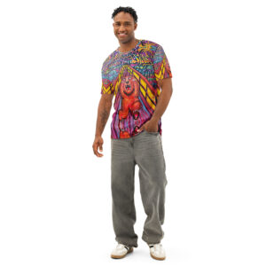 A person stands against a plain white background wearing a unisex t‑shirt with a multicolor graphic of a bear on the front. The illustration features bold, vibrant colors and dynamic linework. The person is also wearing loose‑fit grey jeans and white sneakers. The t‑shirt has a regular fit, short sleeves, and a crew neckline.