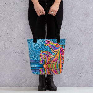 large shopping tote with art print of The Kelpies, in Scotland. Colourful night scene with large horse heads.