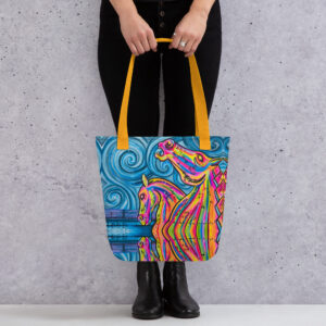 large shopping tote with art print of The Kelpies, in Scotland. Colourful night scene with large horse heads.
