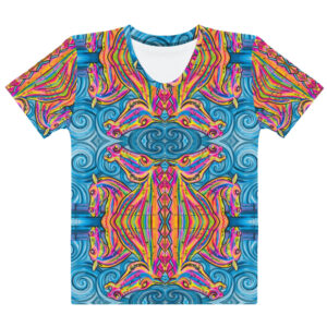 A colourful cotton tee is showing two Horses, also named Kelpies" which is myth and story from Scotland. These sculptures are monolithic scale in the Scottish landscape. The print is from original artwork by Tanya Tee Art_TLC.