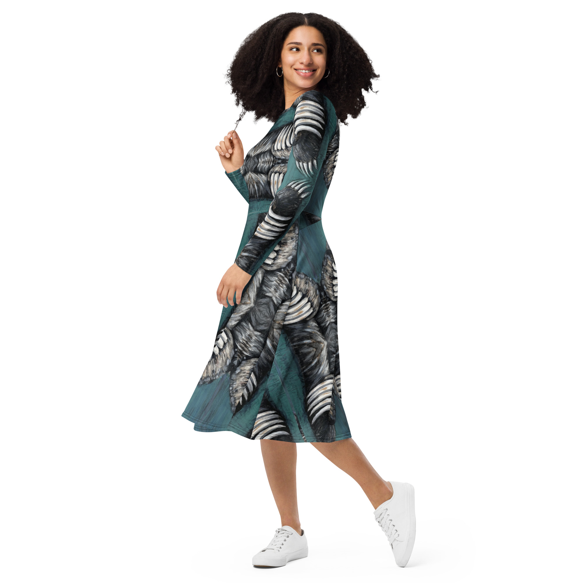 Teal midi dress with mirrored bear‑claw pattern in white, grey, and black With pockets.