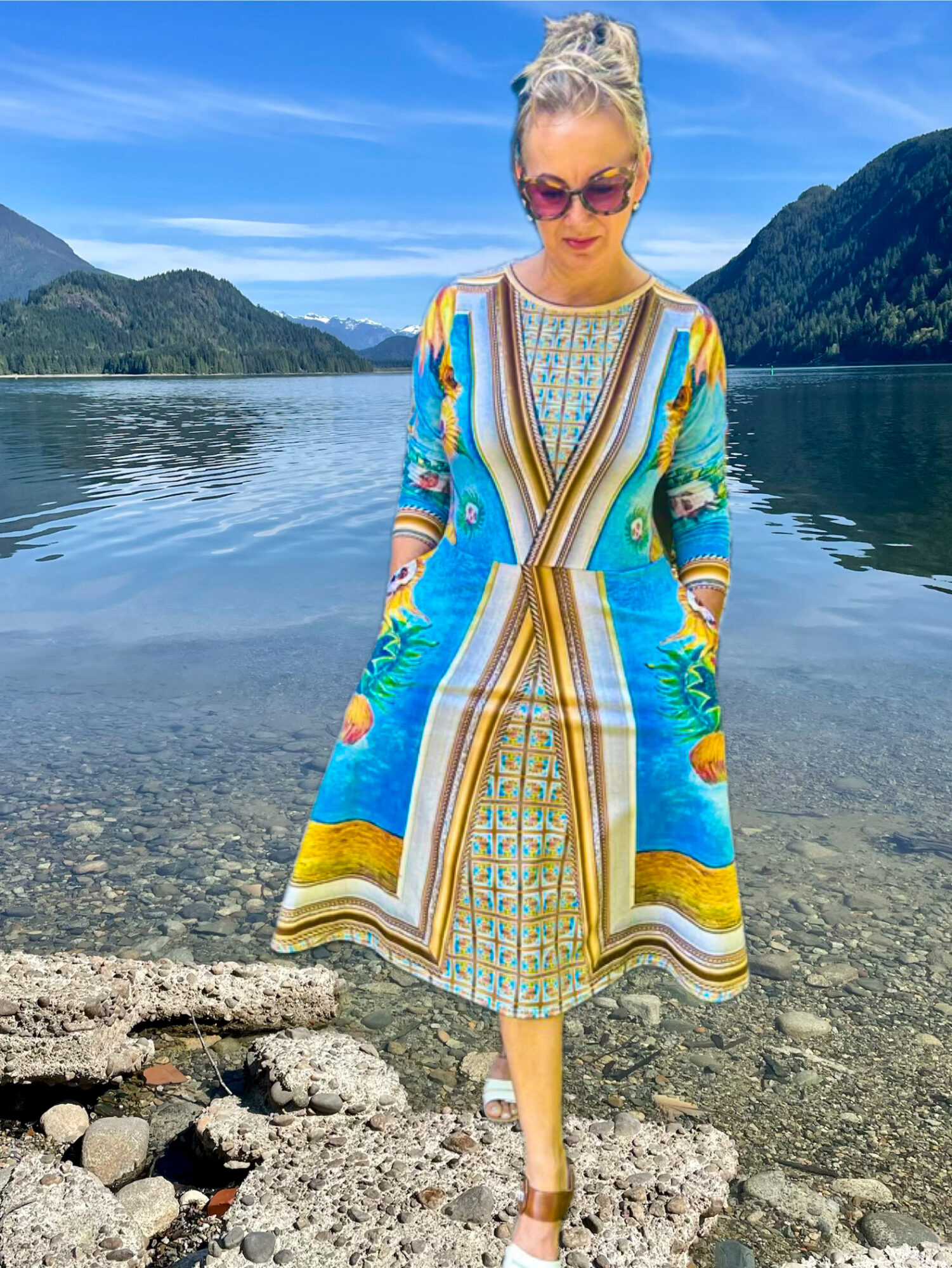 Sunflowers n Skulls Art Dress by Tanya Tee Art_TLC, shown with its vibrant sunflower‑and‑skull pattern and flowing wearable‑art silhouette.