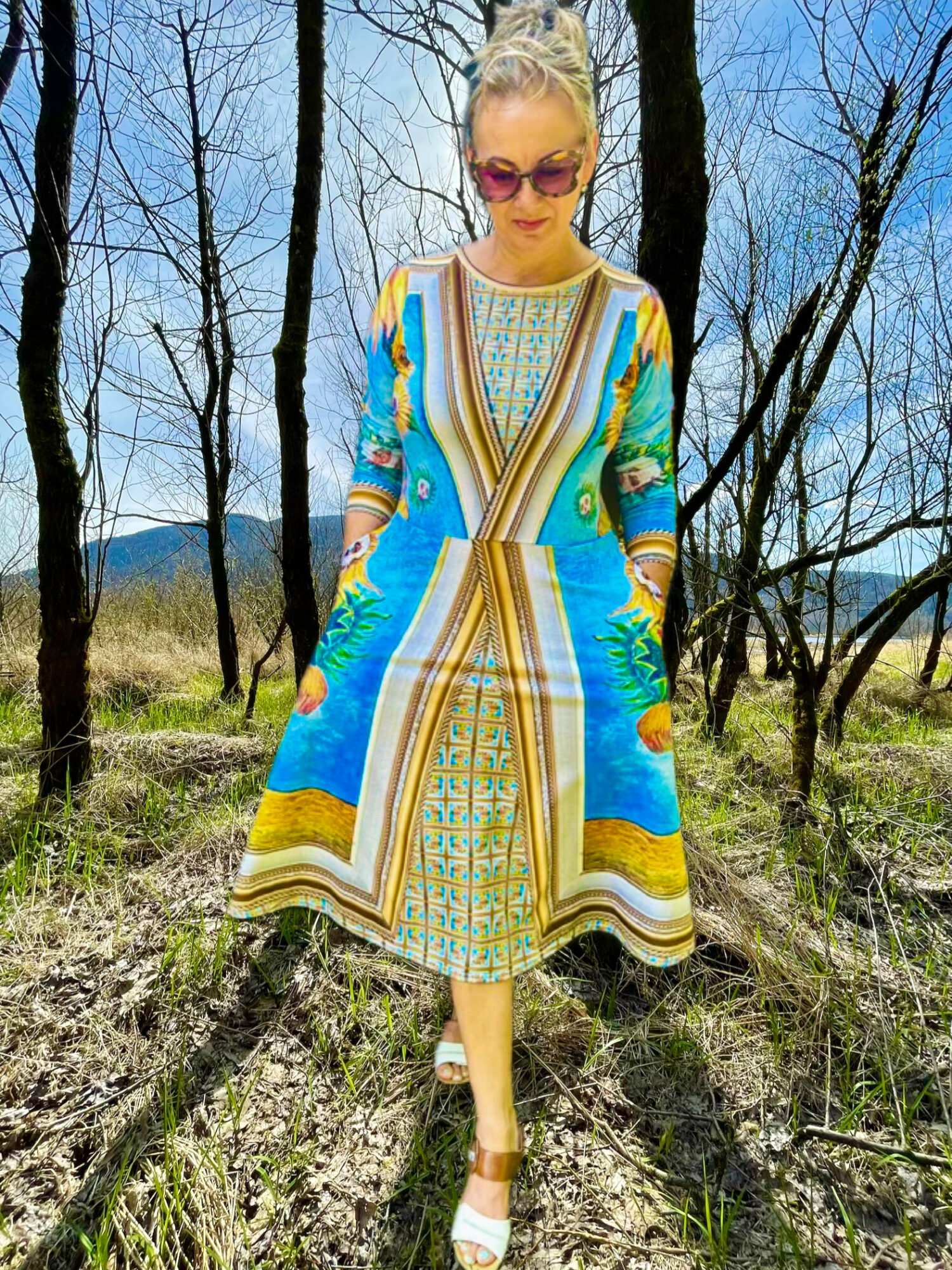 Sunflowers n Skulls Art Dress by Tanya Tee Art_TLC, shown with its vibrant sunflower‑and‑skull pattern and flowing wearable‑art silhouette.