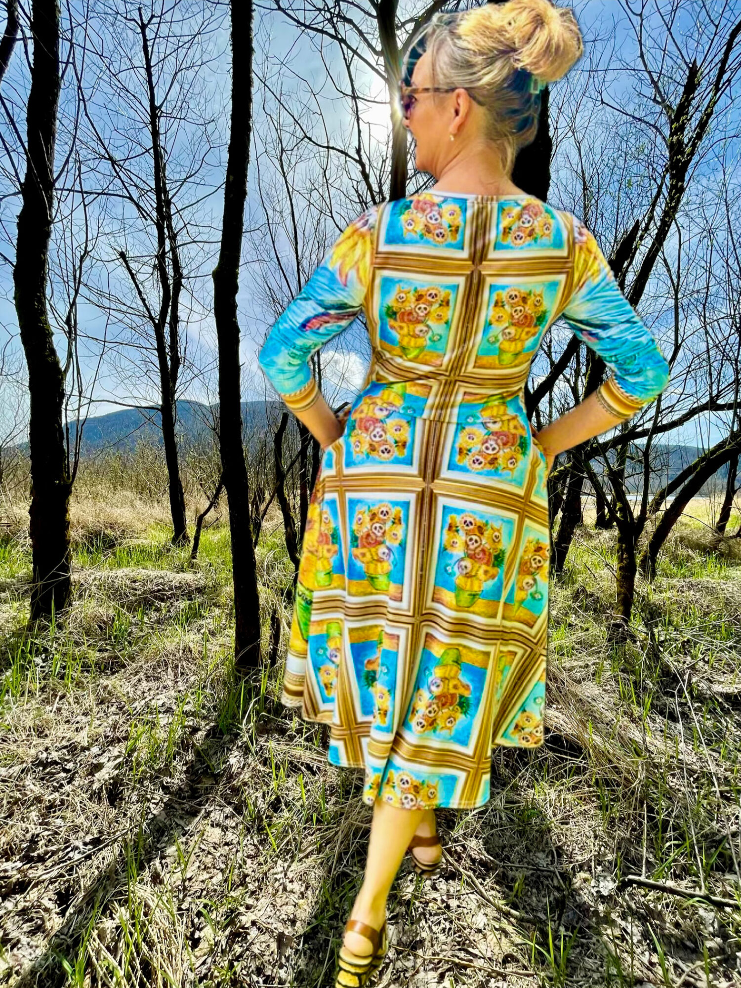 Sunflowers n Skulls Art Dress by Tanya Tee Art_TLC, shown with its vibrant sunflower‑and‑skull pattern and flowing wearable‑art silhouette.
