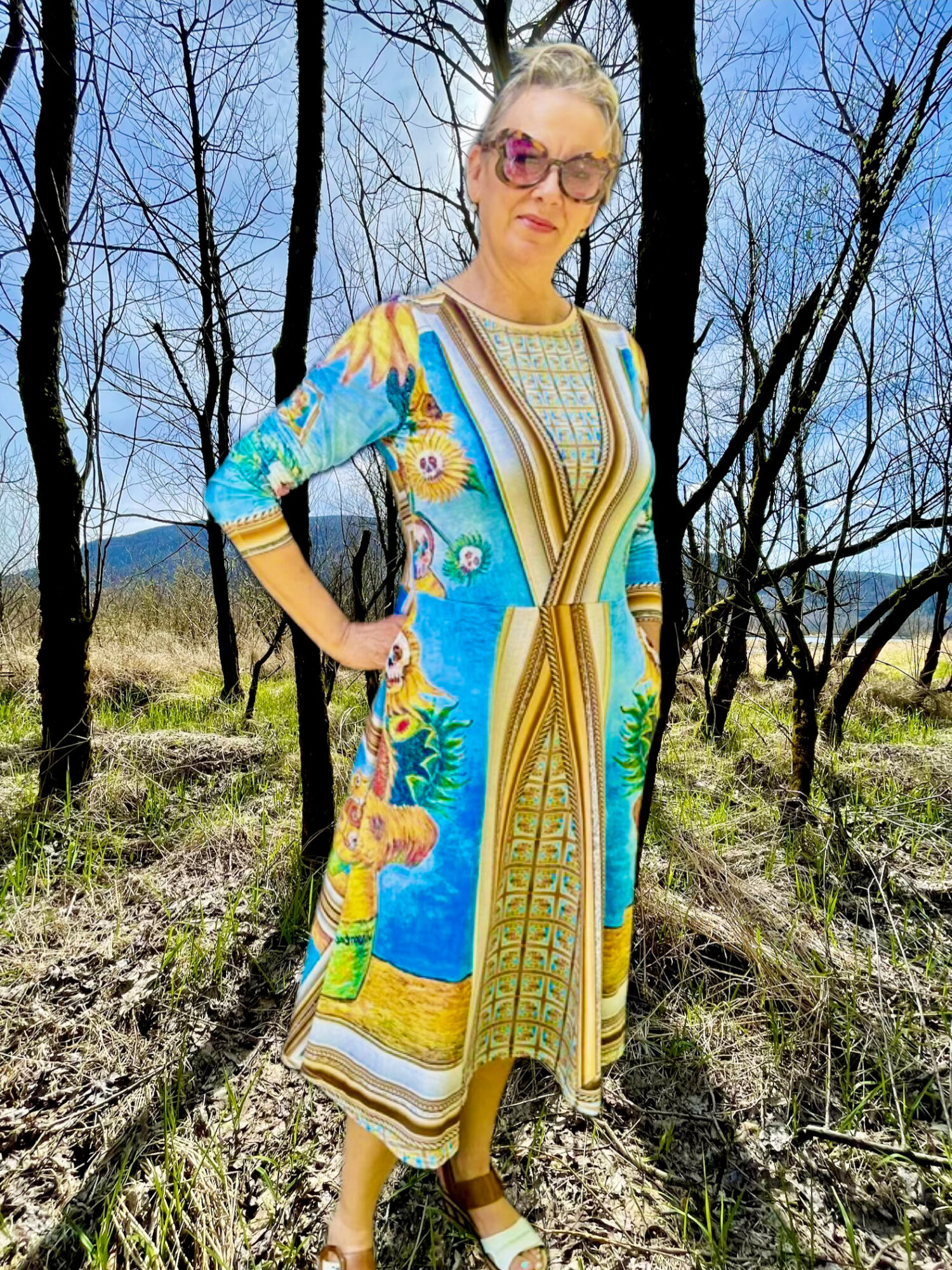 Sunflowers n Skulls Art Dress by Tanya Tee Art_TLC, shown with its vibrant sunflower‑and‑skull pattern and flowing wearable‑art silhouette.