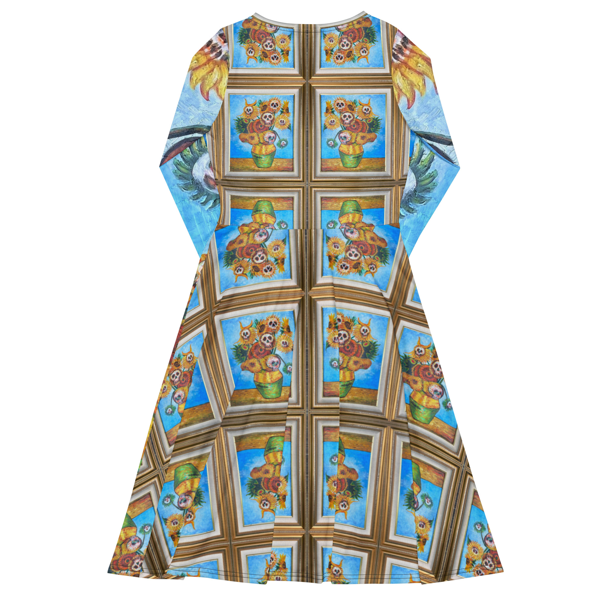 Sunflowers n Skulls art dress inspired by Van Gogh with long sleeves Wearable art dress featuring sunflower and skull artwork in vibrant colours A‑line artistic dress with sunflower and skull print and 360‑degree silhouette Unisex multicolour art dress with painterly sunflower and skull motif Pop art wearable art dress with gallery‑style framing and bold sunflower imagery.