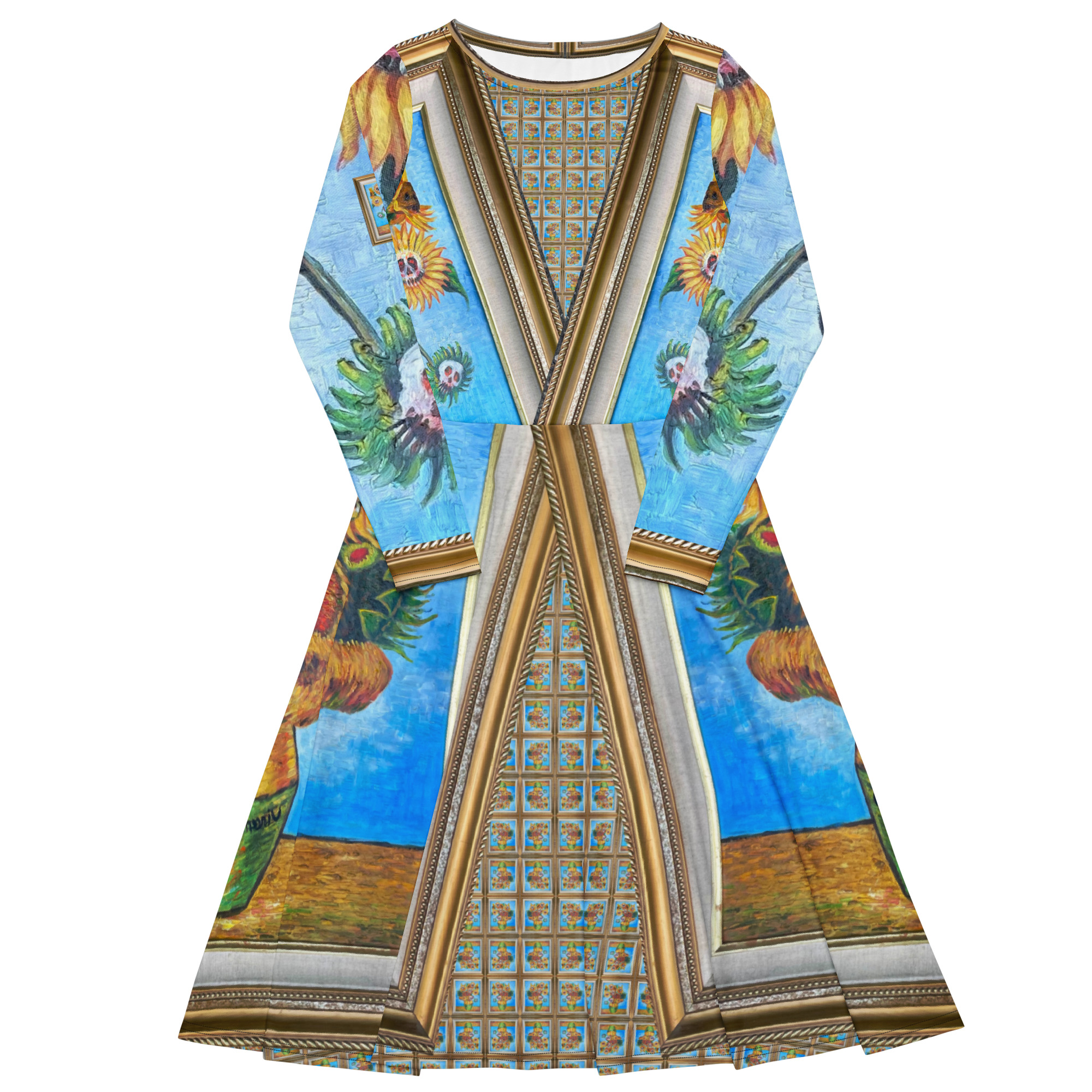 Sunflowers n Skulls art dress inspired by Van Gogh with long sleeves Wearable art dress featuring sunflower and skull artwork in vibrant colours A‑line artistic dress with sunflower and skull print and 360‑degree silhouette Unisex multicolour art dress with painterly sunflower and skull motif Pop art wearable art dress with gallery‑style framing and bold sunflower imagery.