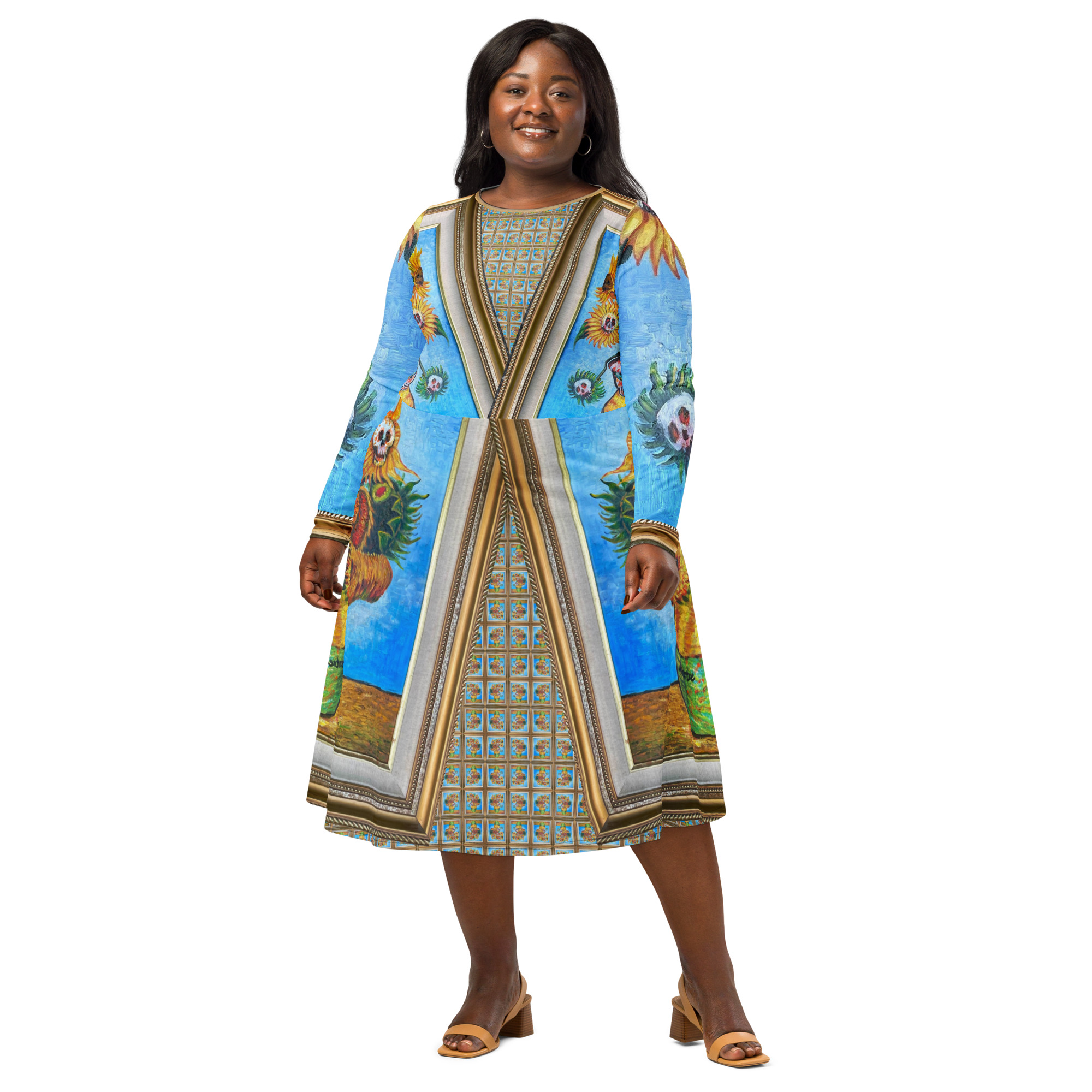 Sunflowers n Skulls art dress inspired by Van Gogh with long sleeves Wearable art dress featuring sunflower and skull artwork in vibrant colours A‑line artistic dress with sunflower and skull print and 360‑degree silhouette Unisex multicolour art dress with painterly sunflower and skull motif Pop art wearable art dress with gallery‑style framing and bold sunflower imagery.