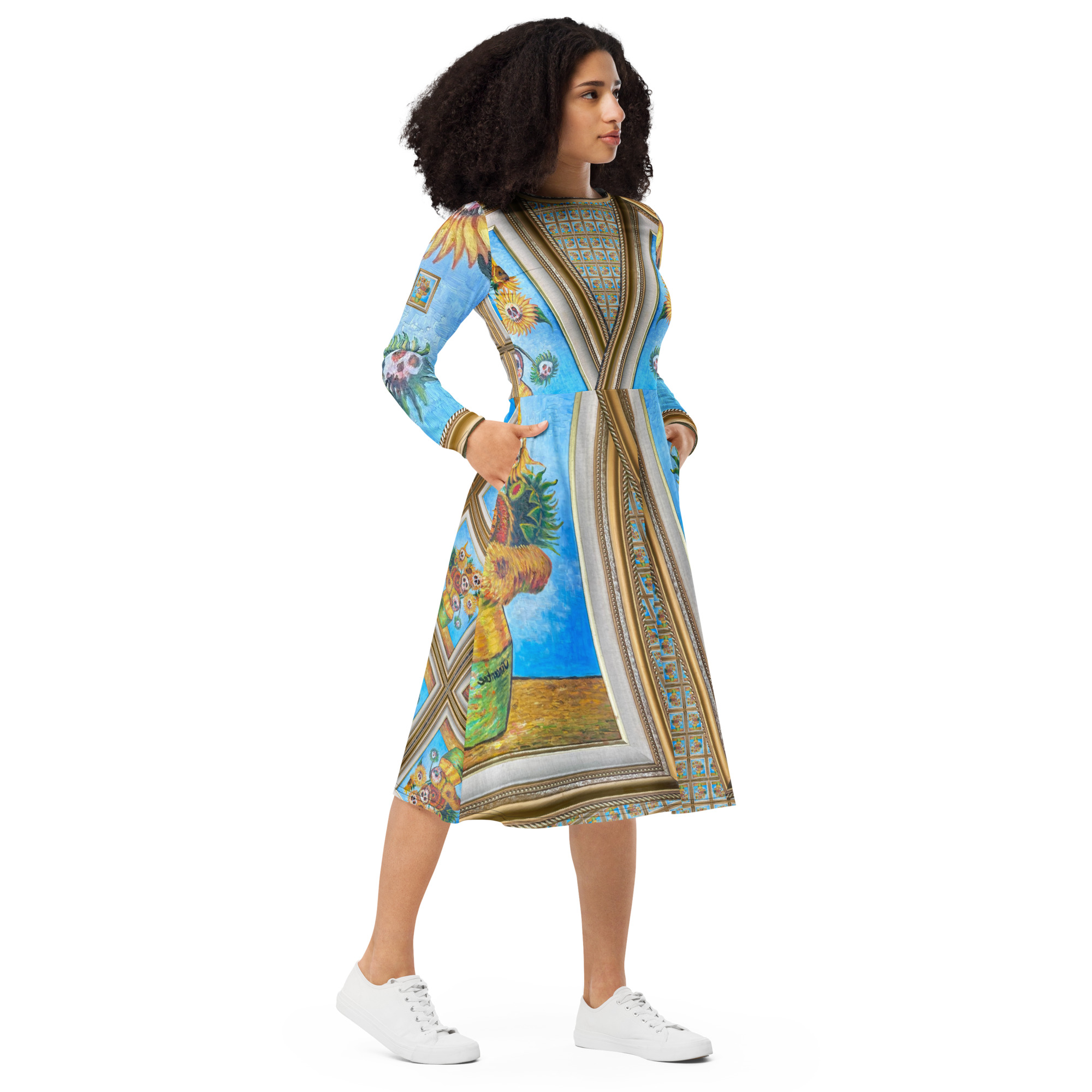 Sunflowers n Skulls art dress inspired by Van Gogh with long sleeves Wearable art dress featuring sunflower and skull artwork in vibrant colours A‑line artistic dress with sunflower and skull print and 360‑degree silhouette Unisex multicolour art dress with painterly sunflower and skull motif Pop art wearable art dress with gallery‑style framing and bold sunflower imagery.