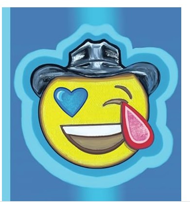 Front cover artwork by Tanya Tee Art_TLC. Space Cowboy. Yellow faced smiley laughing face wearing a western cowboy hat and one eye is a blue heart and the other eye is a red tear.