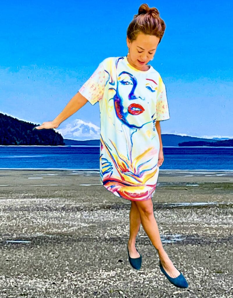 Marilyn Cotton T-Shirt Dress by Tanya Tee Art_TLC is goddess vibes and perfect for a wardrobe boost. Available in XS_6XL, wearable art in 360 silhouette fashion. Model wears XL in image.