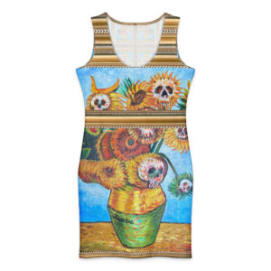 Sunflowers n Skulls Pop‑Art Tank Dress by Tanya Tee Art_TLC featuring bright sunflower and skull artwork inspired by Van Gogh’s Sunflowers, printed on a fitted cotton–elastane silhouette.