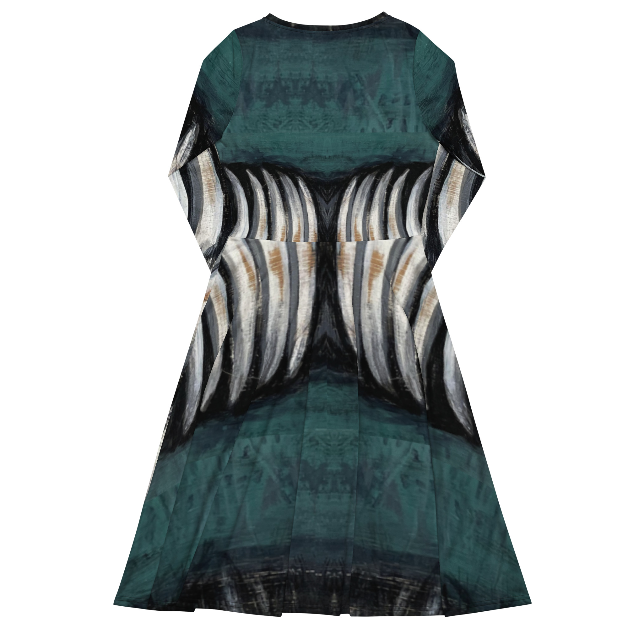 Bear Claw Romance Dress by Tanya Tee Art_TLC featuring teal‑green, ivory, and charcoal brushstroke artwork inspired by the Sacred Bear Art & Inquiry canvas on a long‑sleeve soft poly‑stretch midi silhouette.
