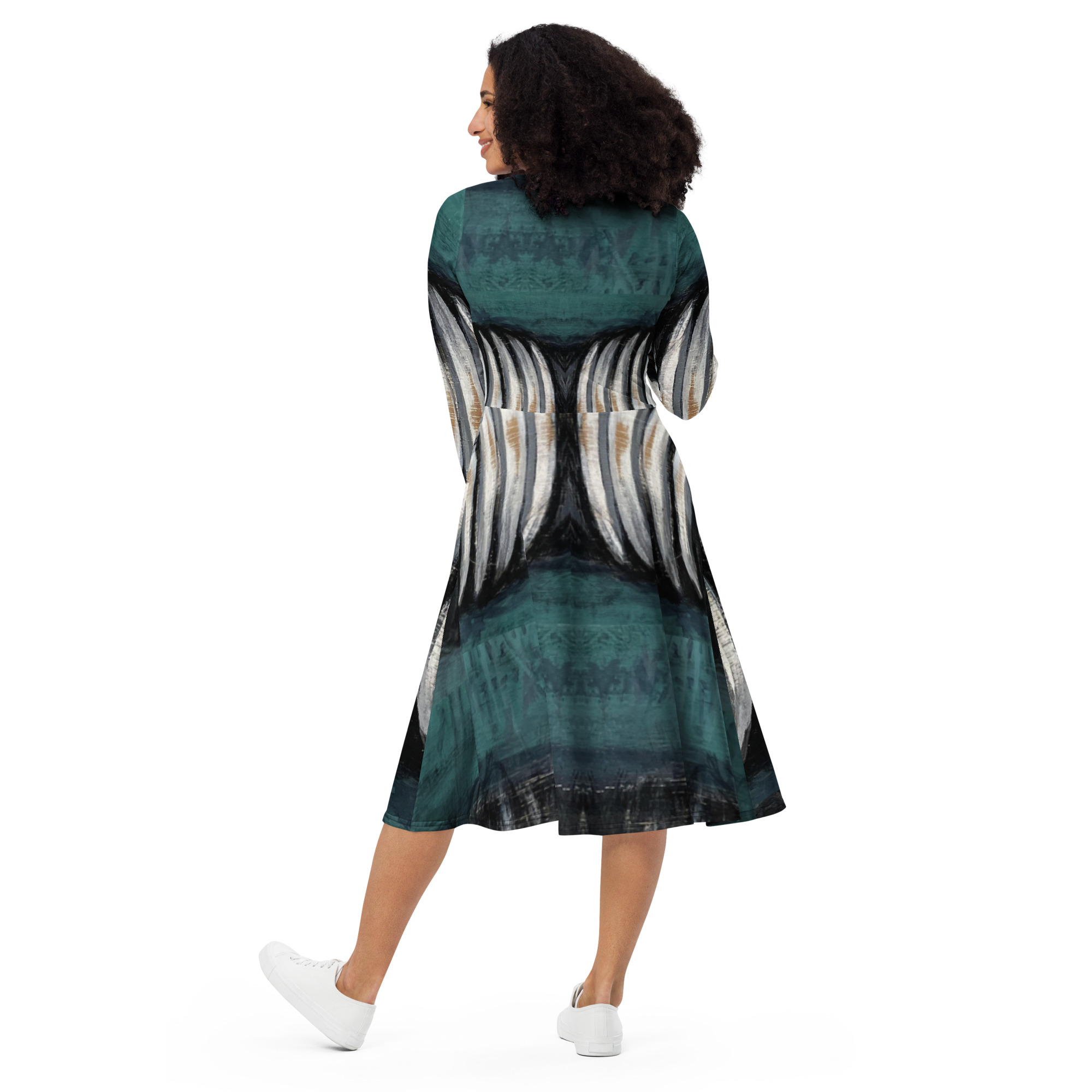 Bear Claw Romance Dress by Tanya Tee Art_TLC featuring teal‑green, ivory, and charcoal brushstroke artwork inspired by the Sacred Bear Art & Inquiry canvas on a long‑sleeve soft poly‑stretch midi silhouette.