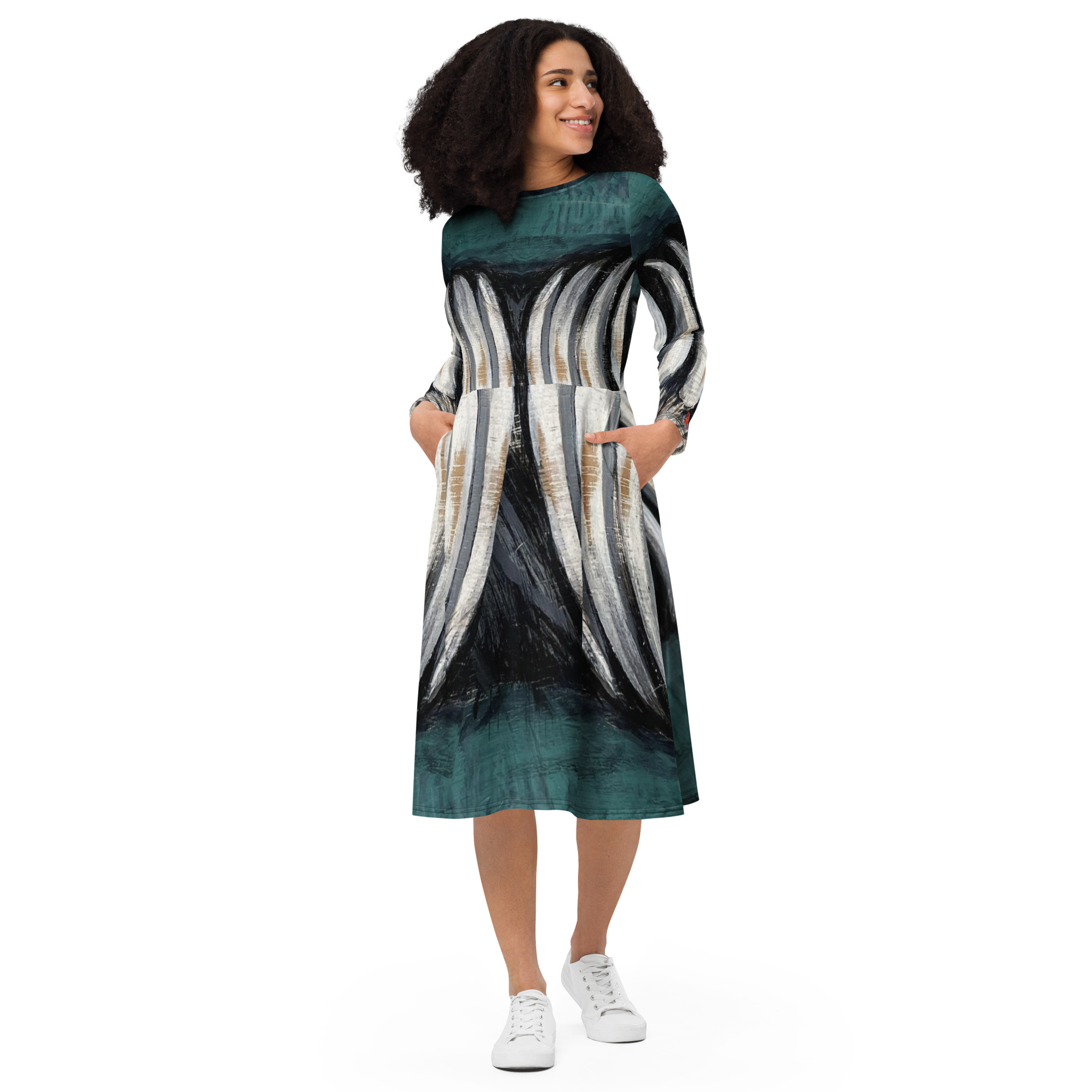Bear Claw Romance Dress by Tanya Tee Art_TLC featuring teal‑green, ivory, and charcoal brushstroke artwork inspired by the Sacred Bear Art & Inquiry canvas on a long‑sleeve soft poly‑stretch midi silhouette.
