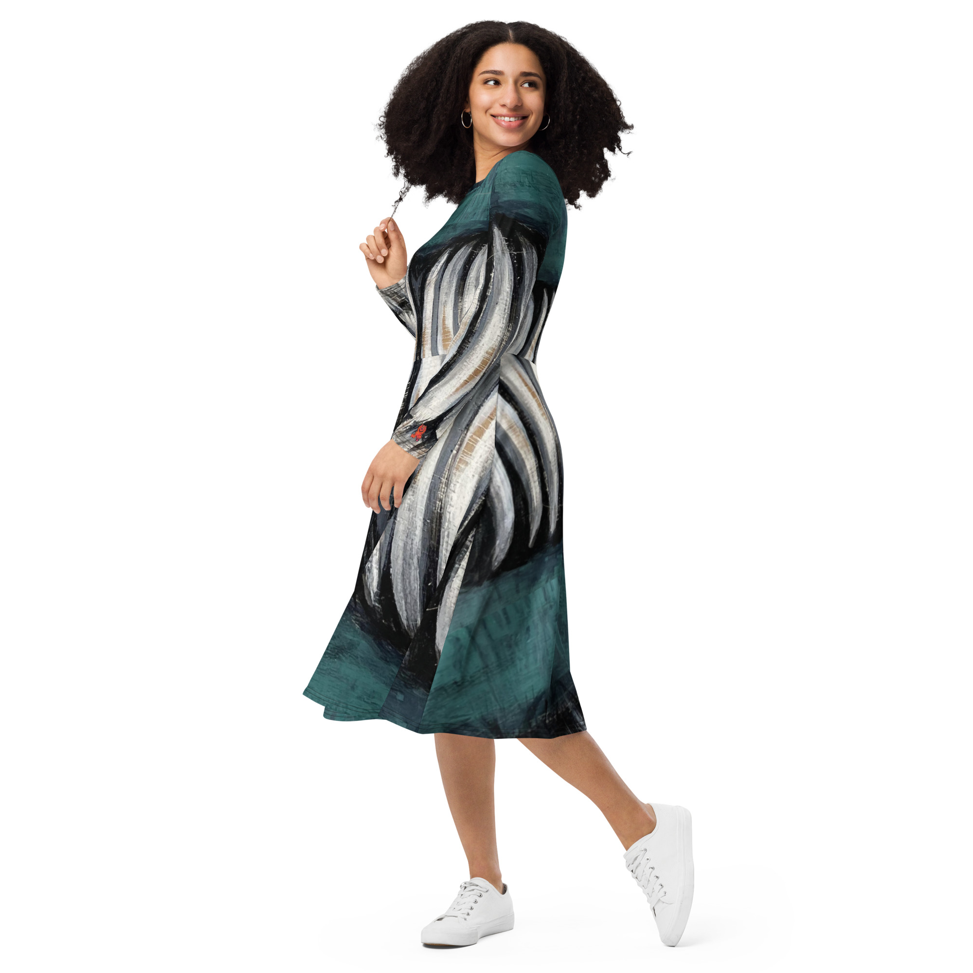 Bear Claw Romance Dress by Tanya Tee Art_TLC featuring teal‑green, ivory, and charcoal brushstroke artwork inspired by the Sacred Bear Art & Inquiry canvas on a long‑sleeve soft poly‑stretch midi silhouette.