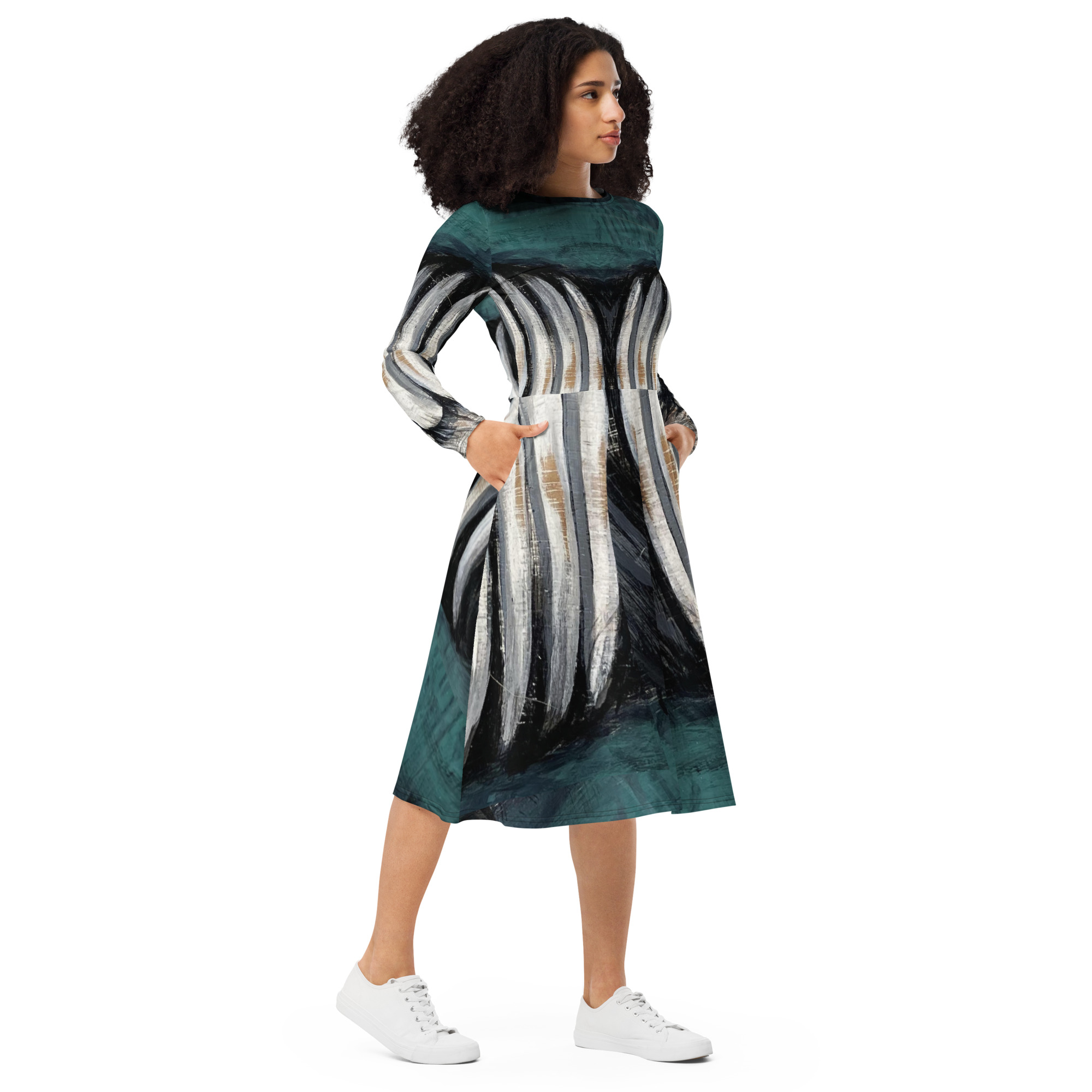 Bear Claw Romance Dress by Tanya Tee Art_TLC featuring teal‑green, ivory, and charcoal brushstroke artwork inspired by the Sacred Bear Art & Inquiry canvas on a long‑sleeve soft poly‑stretch midi silhouette.