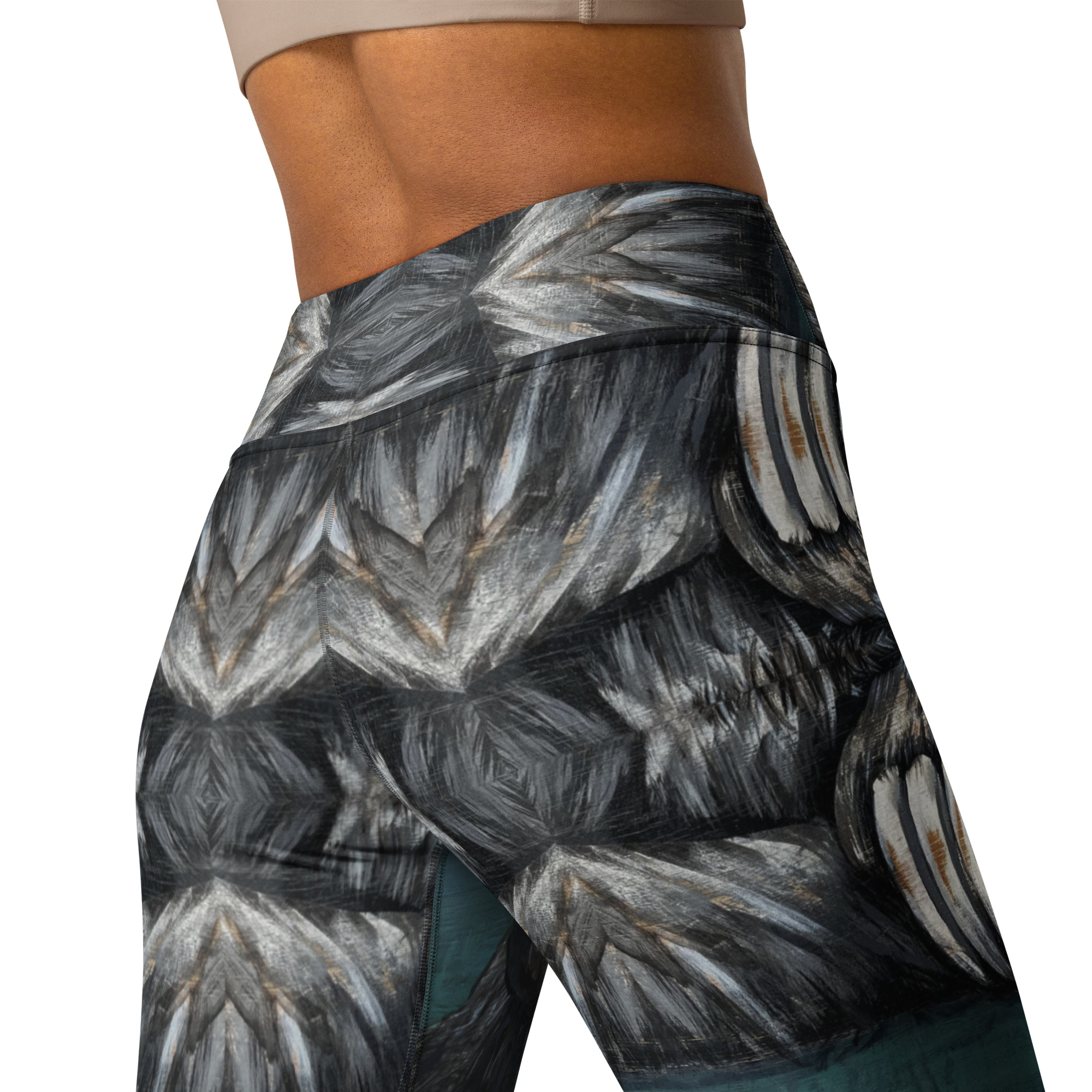 High waisted yoga pants made to silhouette 360 degrees of fierce fashion embracing bear claw geometric forms in teal green, black, grey and white. Bear CLaw Yoga Pants By Tanya Tee Art_TLC.