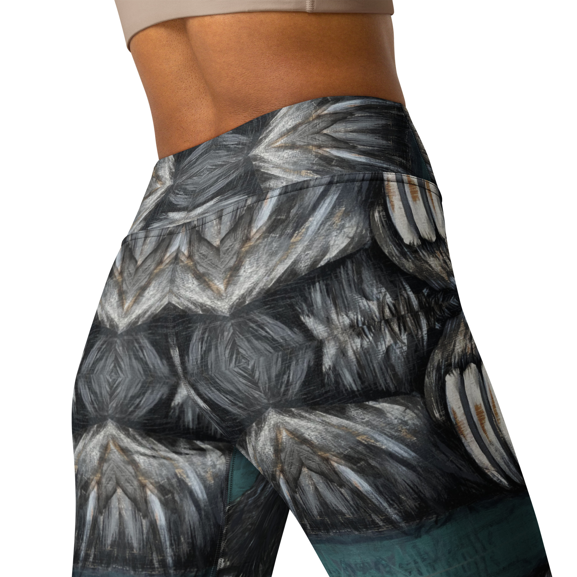 High waisted yoga pants made to silhouette 360 degrees of fierce fashion embracing bear claw geometric forms in teal green, black, grey and white. Bear CLaw Yoga Pants By Tanya Tee Art_TLC.