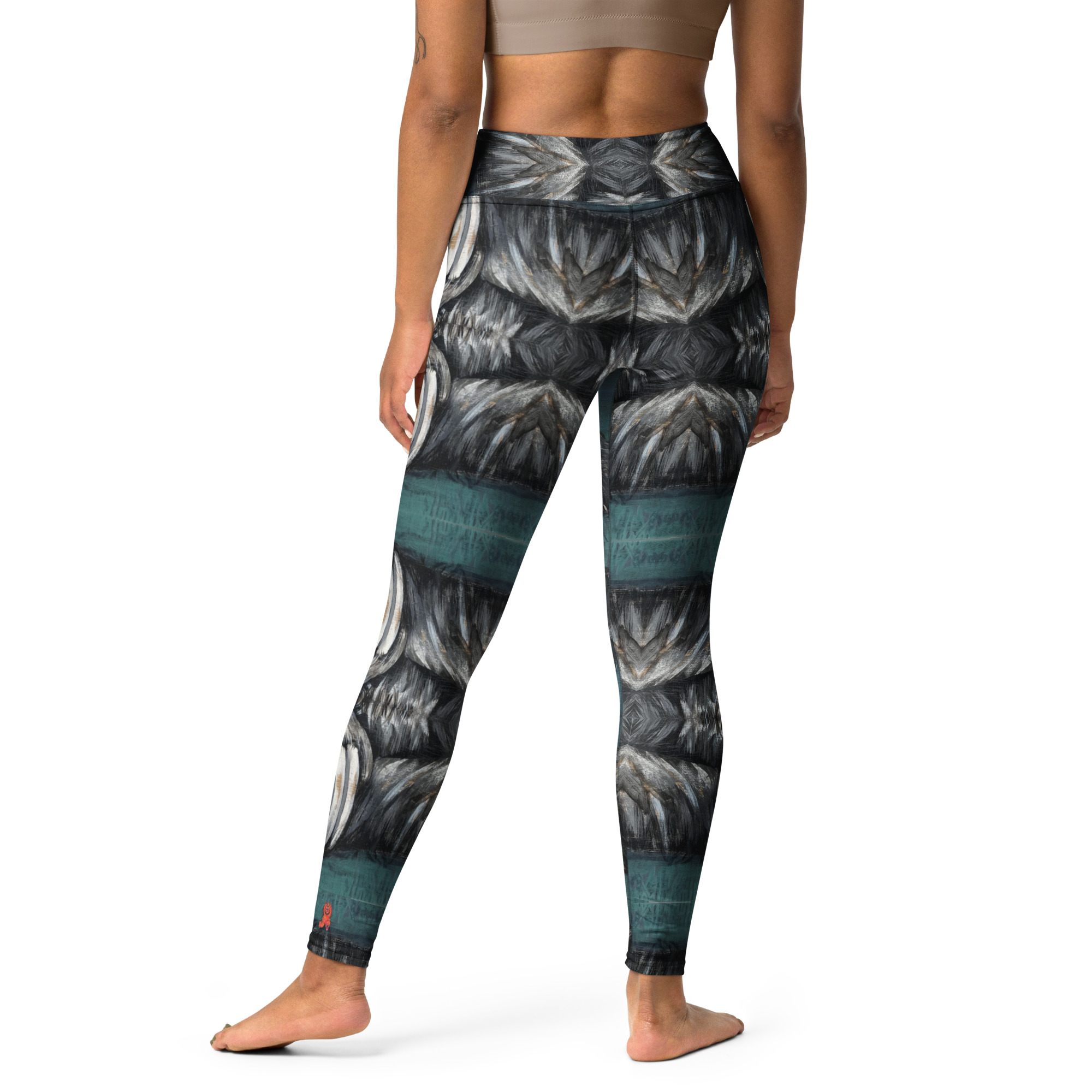 High waisted yoga pants made to silhouette 360 degrees of fierce fashion embracing bear claw geometric forms in teal green, black, grey and white. Bear CLaw Yoga Pants By Tanya Tee Art_TLC.