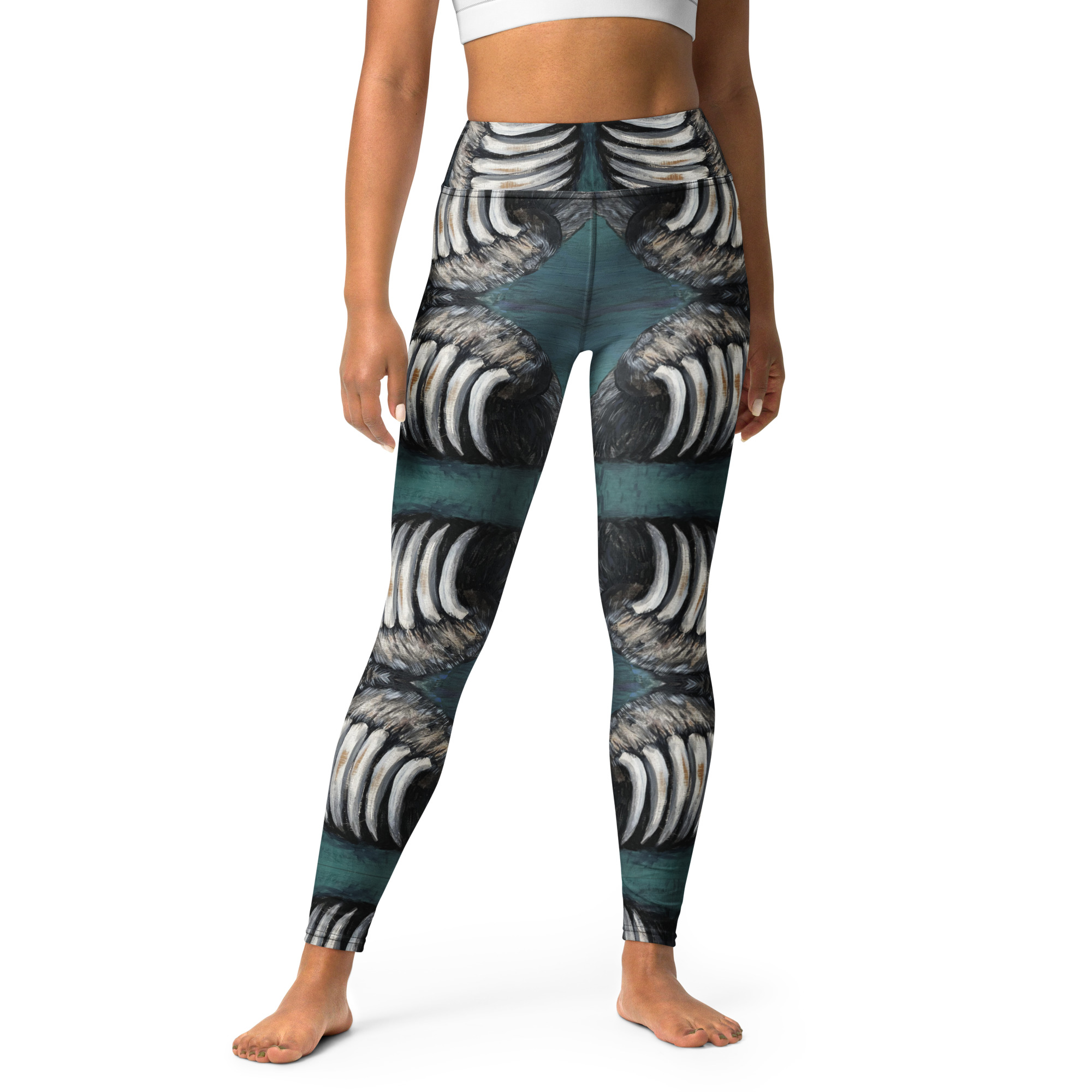 High waisted yoga pants made to silhouette 360 degrees of fierce fashion embracing bear claw geometric forms in teal green, black, grey and white. Bear CLaw Yoga Pants By Tanya Tee Art_TLC.
