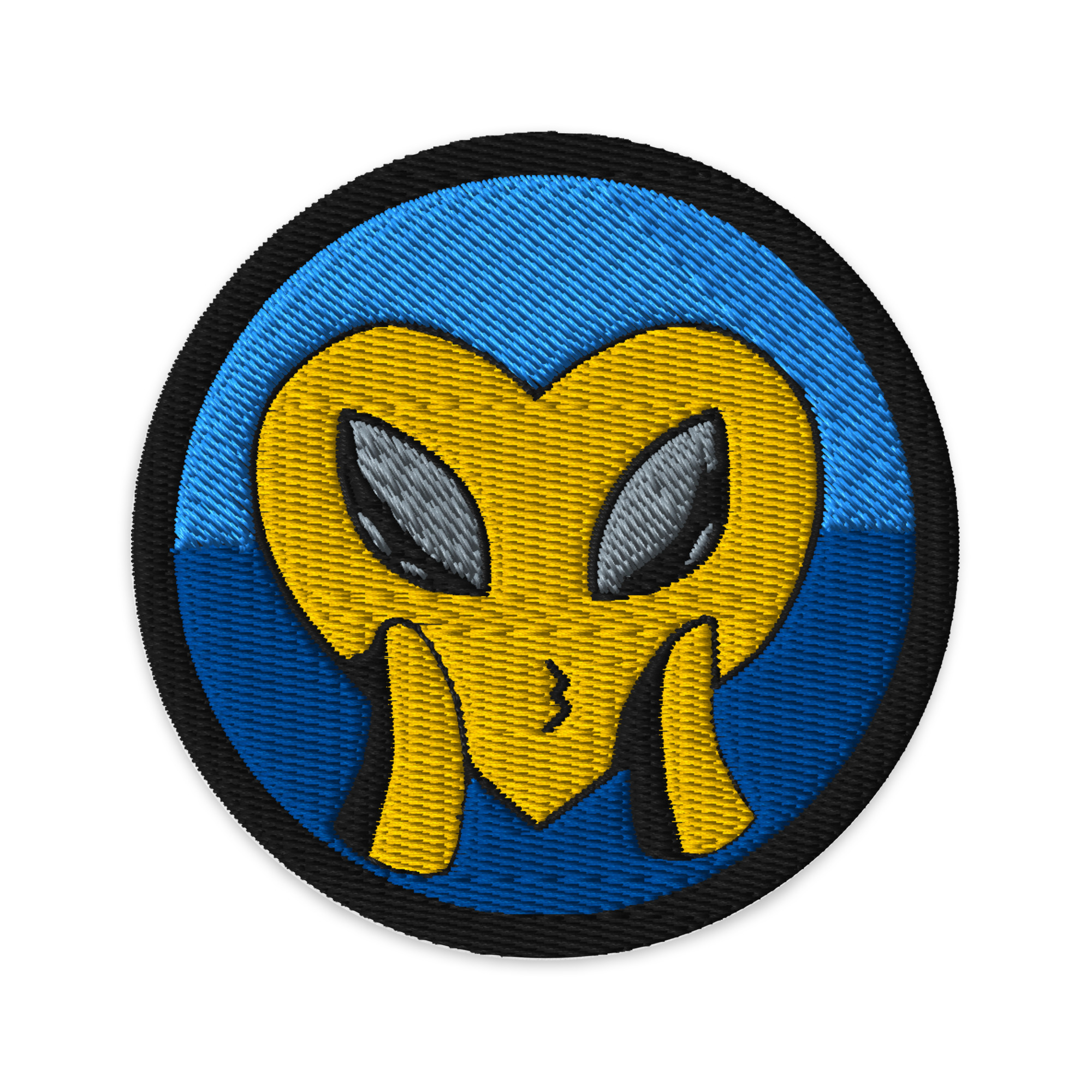 The yellow heart face blowing a kiss with cute loving alien eyes reminds us Love is Universal. This unique patch is designed by Tanya Tee Art_TLC from her original